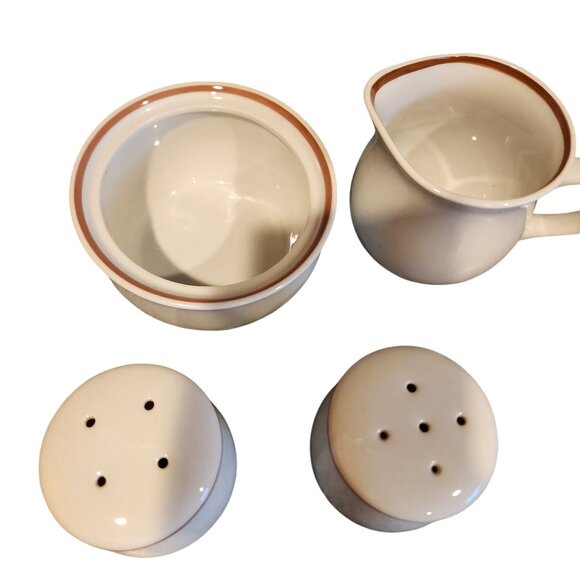 Colonial Stoneware Creamer & Sugar Set With Salt & Pepper Shakers Beige Brown Tr - Picture 2 of 3